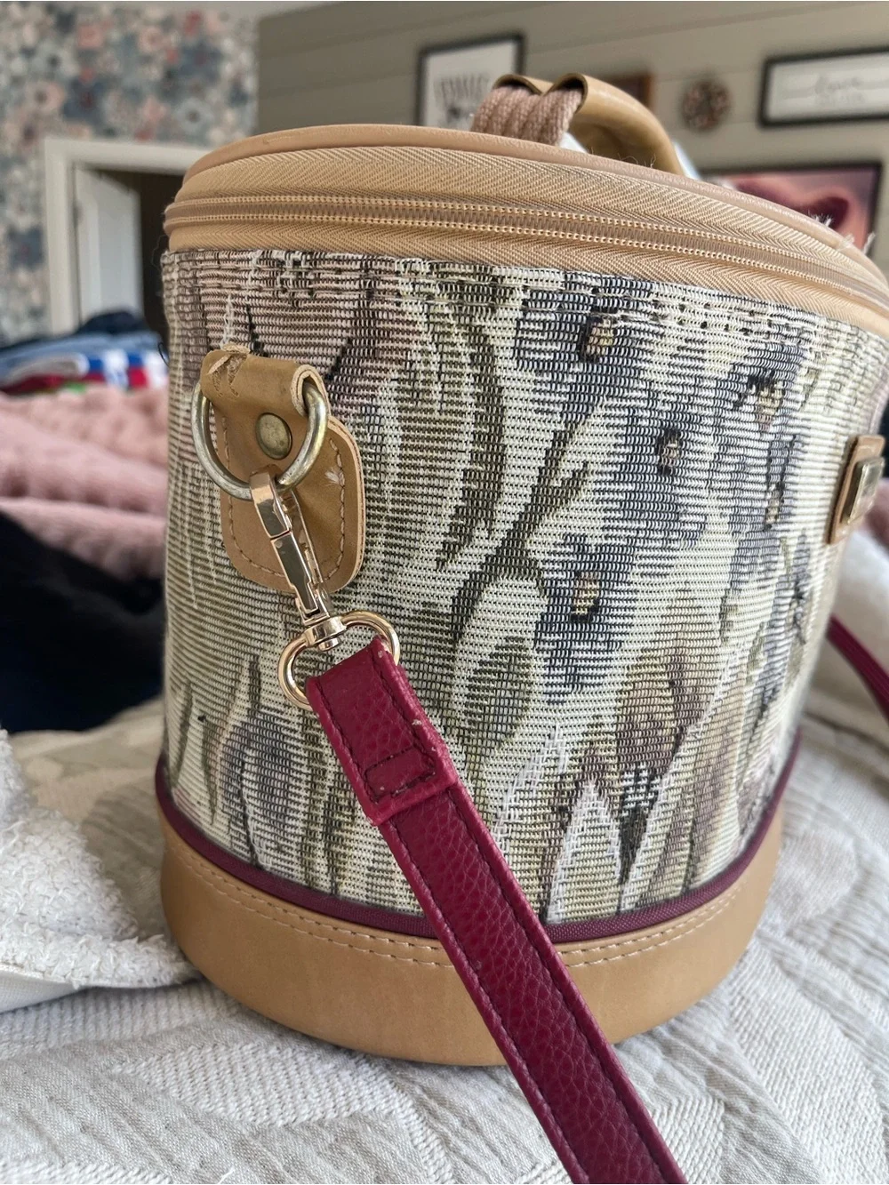 Vintage American Tourister Floral Tapestry Train Case in Beige